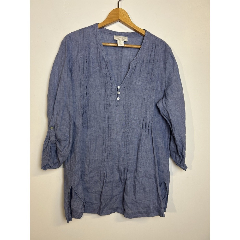 Cynthia Rowley 100% Linen Navy Blue  Tunic Blouse‎ Roll Tab Sleeve - Size L